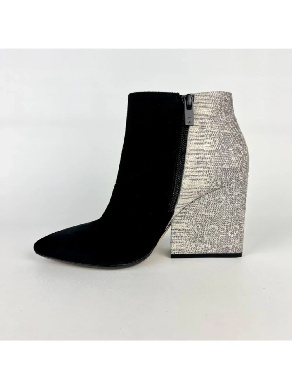 Loeffler Randall Lia Black Ivory Suede Snake Print Block Heel Bootie 6